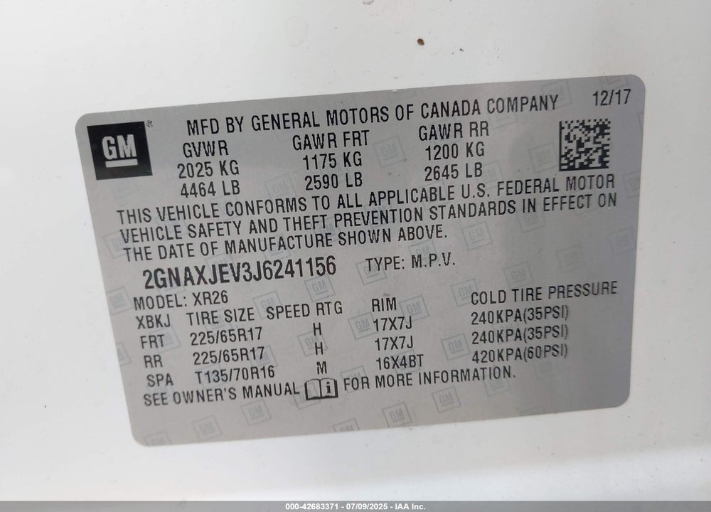 2018 CHEVROLET EQUINOX VIN: 2GNAXJEV3J6241156