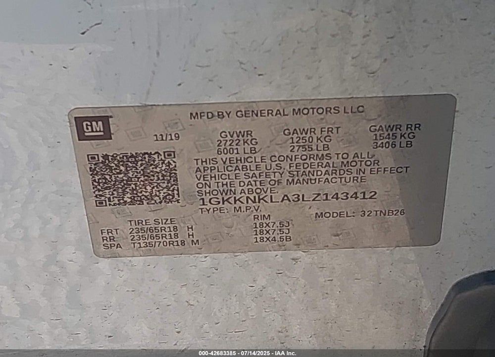2020 GMC ACADIA FWD SLE VIN: 1GKKNKLA3LZ143412