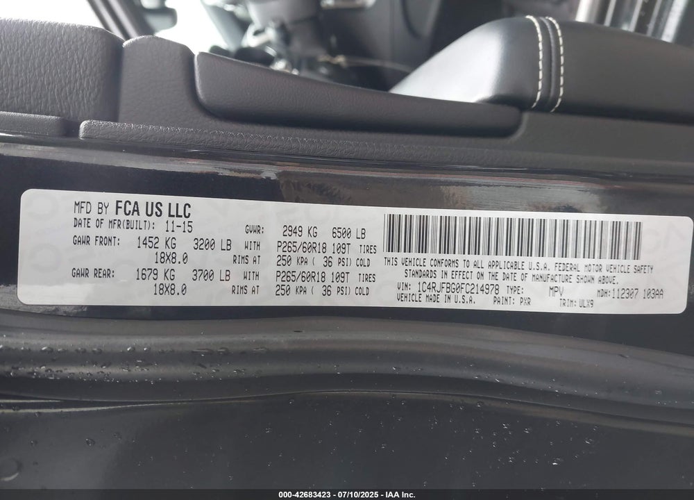 2015 JEEP GRAND CHEROKEE LIMITED VIN: 1C4RJFBG0FC214978