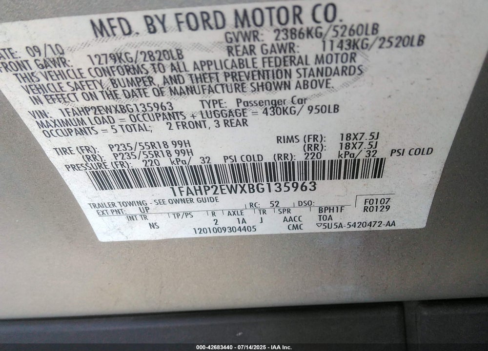 2011 FORD TAURUS VIN: 1FAHP2EWXBG135963