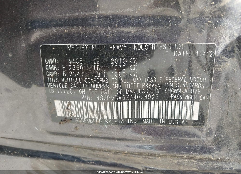 2013 SUBARU LEGACY VIN: 4S3BMBA6XD3024922