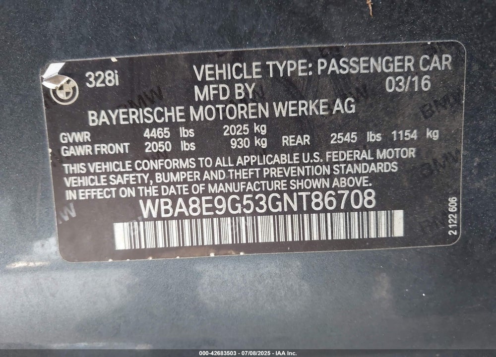 2016 BMW 3 SERIES VIN: WBA8E9G53GNT86708