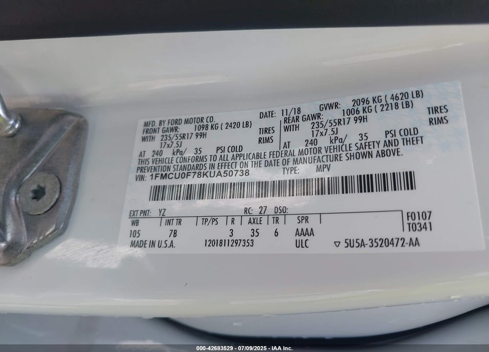 2019 FORD ESCAPE VIN: 1FMCU0F78KUA50738