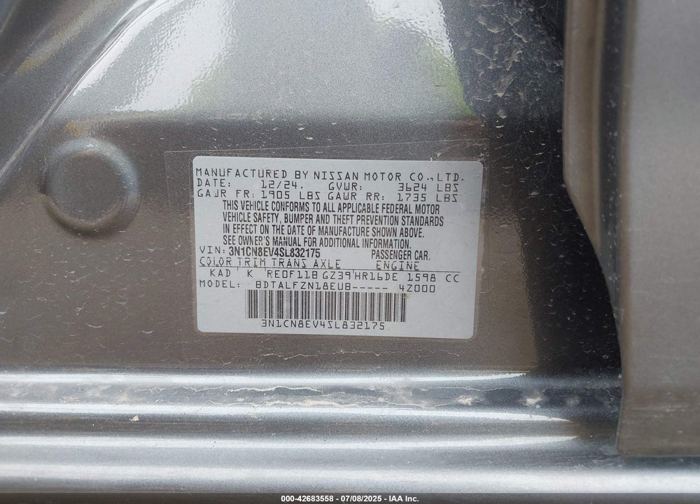 2025 NISSAN VERSA VIN: 3N1CN8EV4SL832175