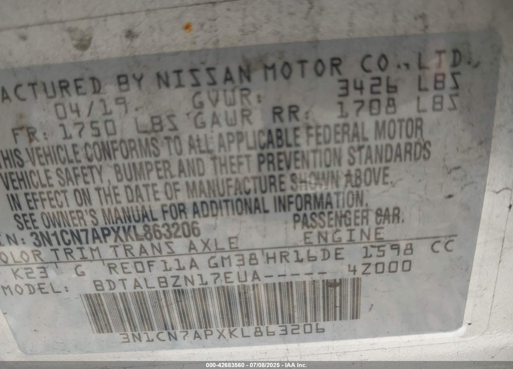2019 NISSAN VERSA VIN: 3N1CN7APXKL863206