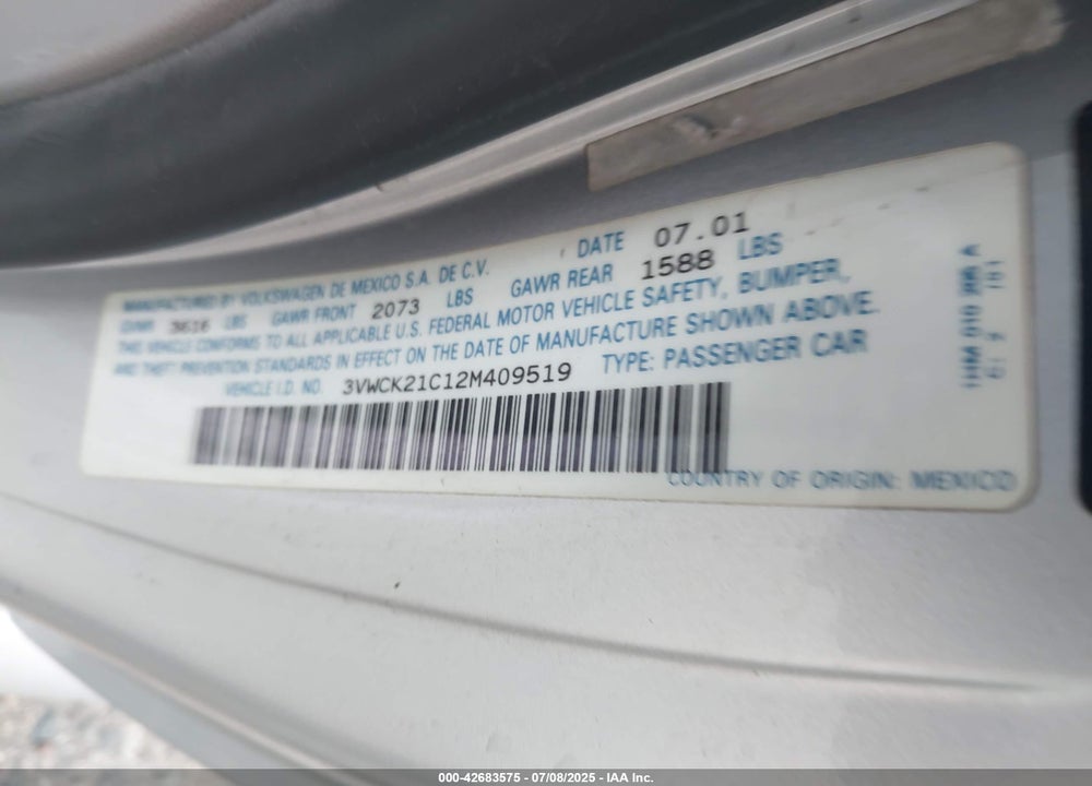 2002 VOLKSWAGEN NEW BEETLE GLS VIN: 3VWCK21C12M409519