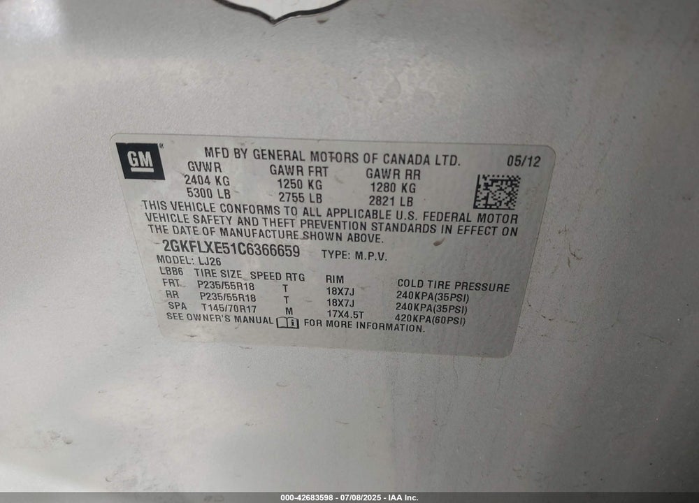 2012 GMC TERRAIN VIN: 2GKFLXE51C6366659