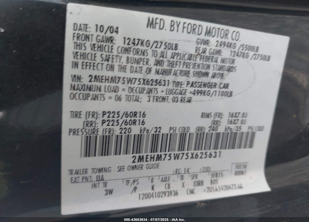 2005 MERCURY GRAND MARQUIS LS/LSE VIN: 2MEHM75W75X625631