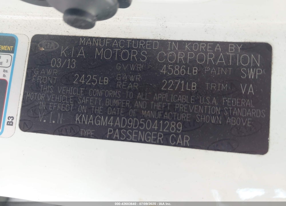 2013 KIA OPTIMA HYBRID VIN: KNAGM4AD9D5041289