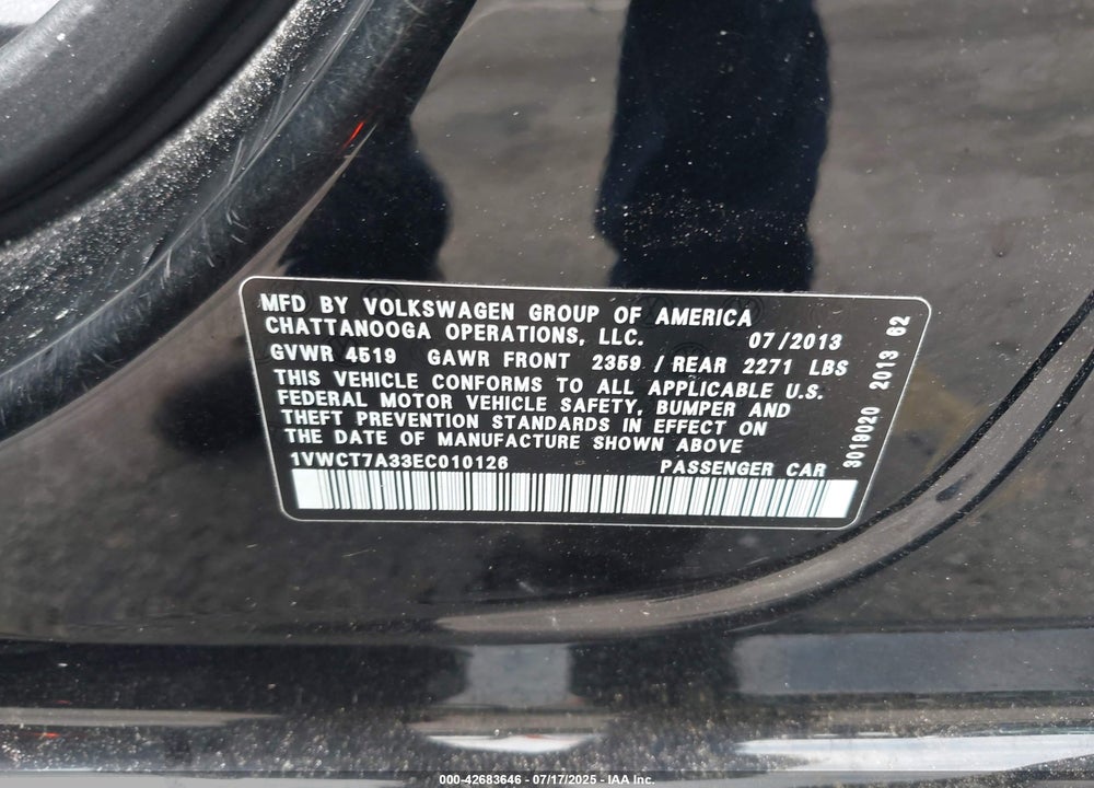 2014 VOLKSWAGEN PASSAT VIN: 1VWCT7A33EC010126