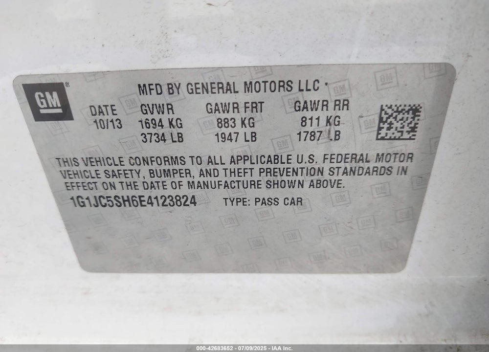 2014 CHEVROLET SONIC VIN: 1G1JC5SH6E4123824