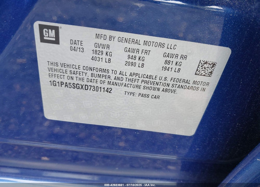 2013 CHEVROLET CRUZE LS AUTO VIN: 1G1PA5SGXD7301142
