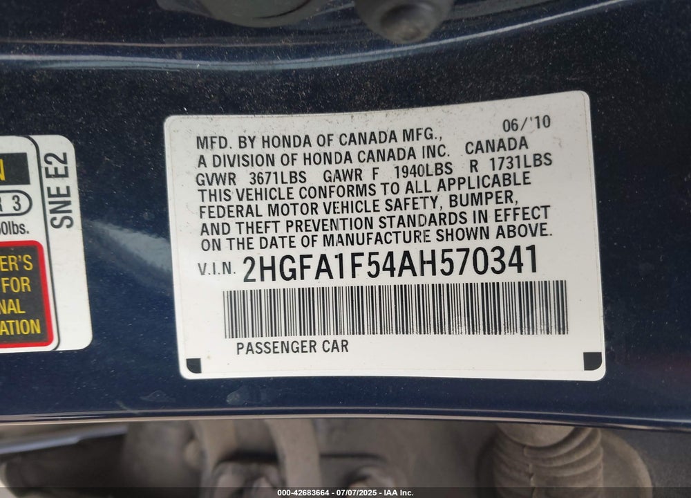 2010 HONDA CIVIC VIN: 2HGFA1F54AH570341