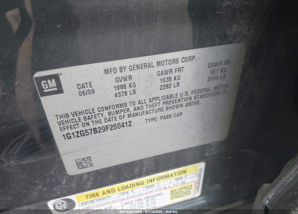 2009 CHEVROLET MALIBU VIN: 1G1ZG57B29F260412
