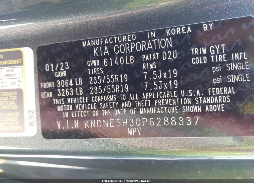 2023 KIA CARNIVAL MPV VIN: KNDNE5H30P6288337