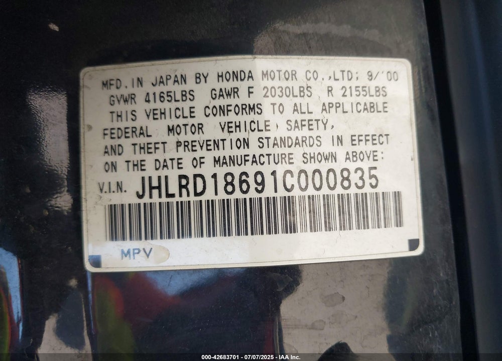 2001 HONDA CR-V EX VIN: JHLRD18691C000835