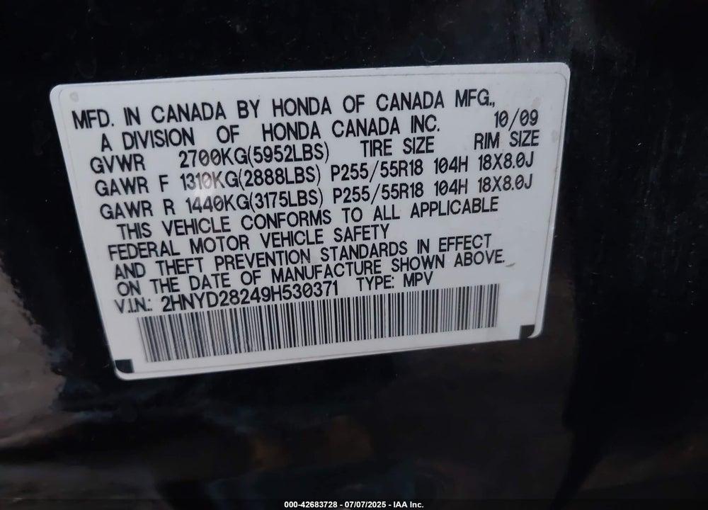 2009 ACURA MDX VIN: 2HNYD28249H530371