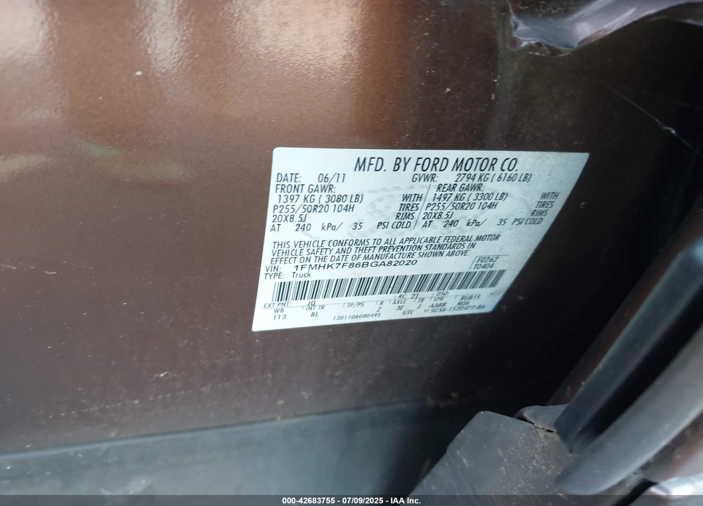 2011 FORD EXPLORER VIN: 1FMHK7F86BGA82020