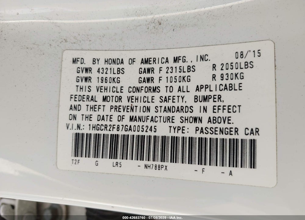 2016 HONDA ACCORD VIN: 1HGCR2F87GA005245