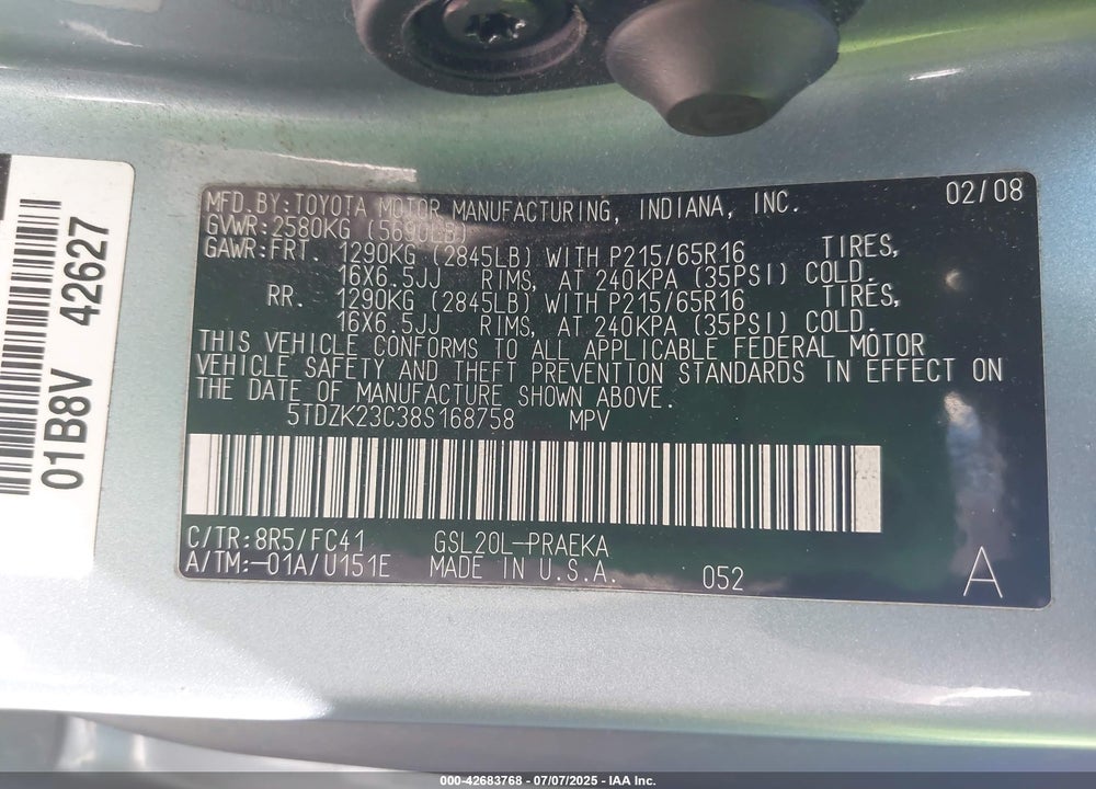 2008 TOYOTA SIENNA LE VIN: 5TDZK23C38S168758