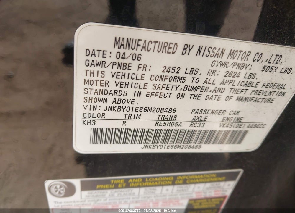2006 INFINITI M45 VIN: JNKBY01E66M208489