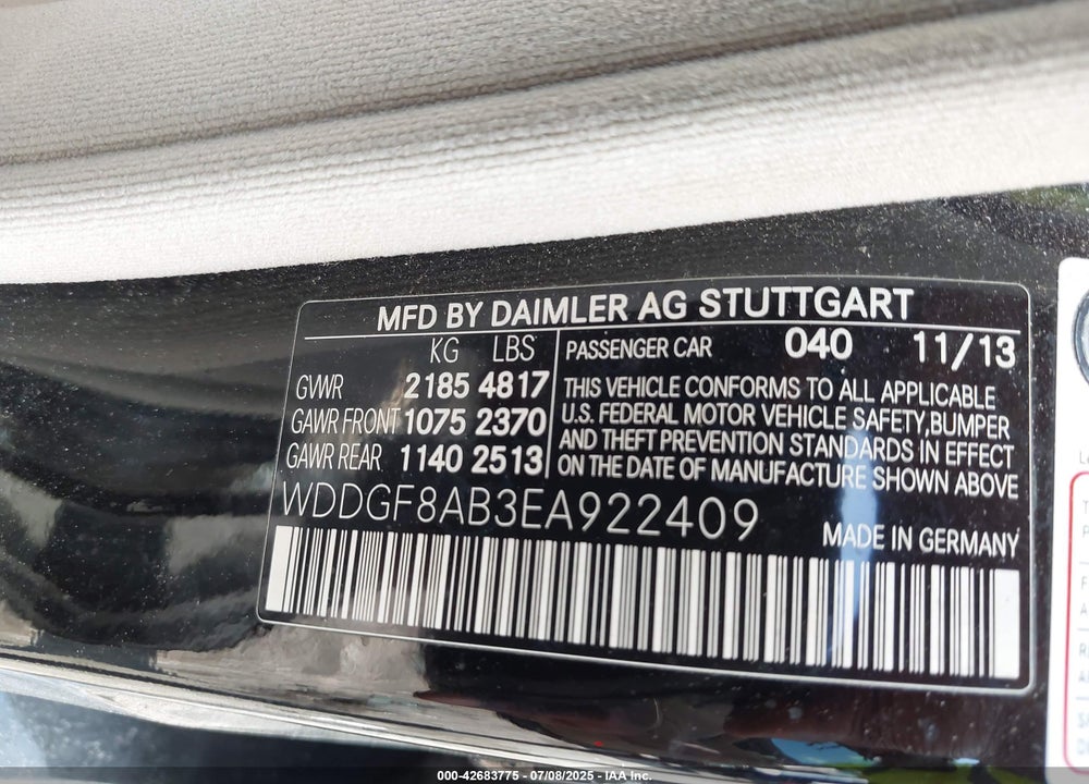 2014 MERCEDES-BENZ C CLASS VIN: WDDGF8AB3EA922409
