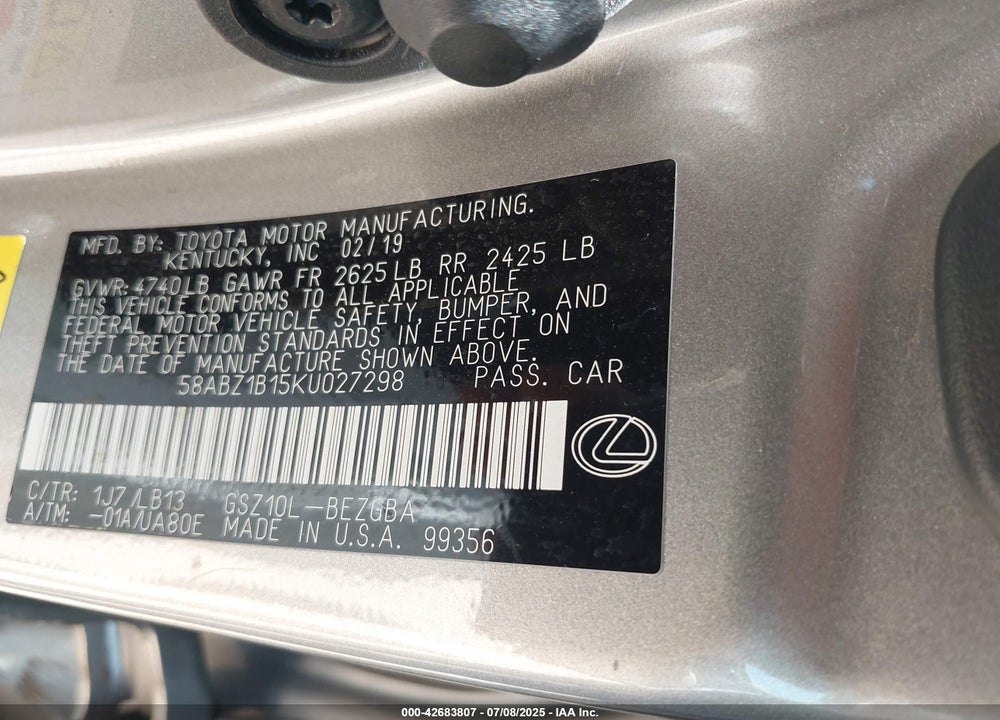 2019 LEXUS ES 350 LUXURY VIN: 58ABZ1B15KU027298