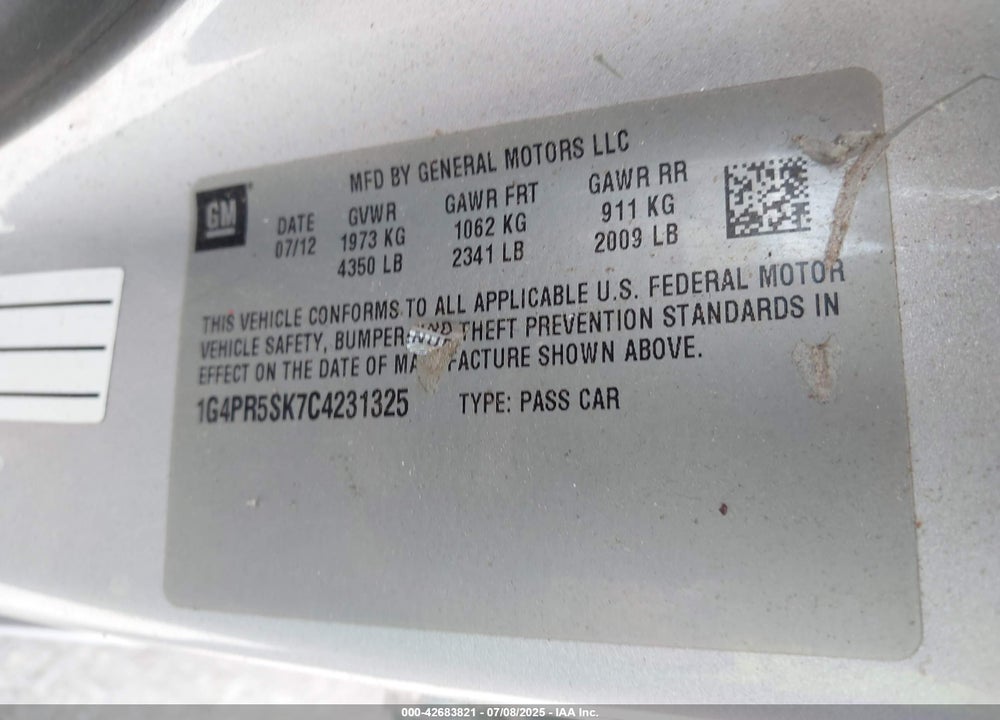 2012 BUICK VERANO VIN: 1G4PR5SK7C4231325