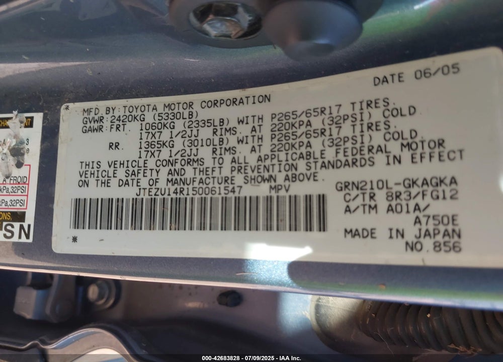 2005 TOYOTA 4RUNNER SR5 V6 VIN: JTEZU14R150061547