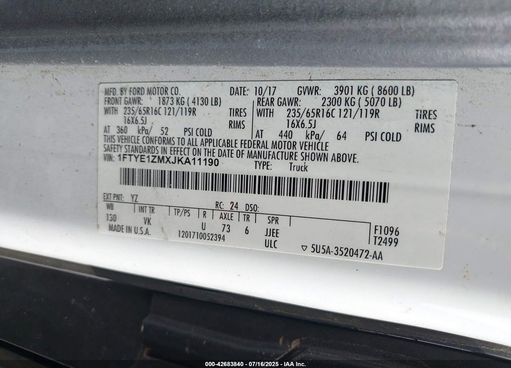 2018 FORD TRANSIT-150 VIN: 1FTYE1ZMXJKA11190
