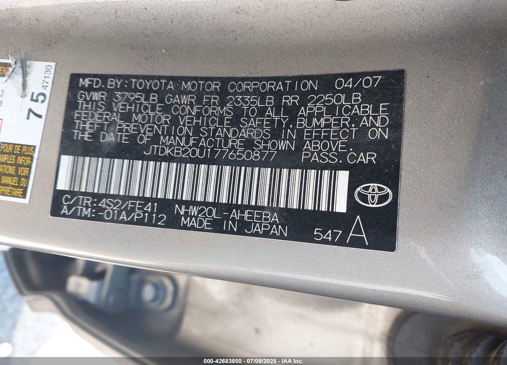 2007 TOYOTA PRIUS VIN: JTDKB20U177650877