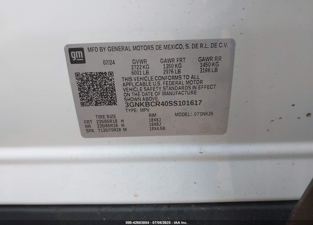 2025 CHEVROLET BLAZER LT VIN: 3GNKBCR40SS101617