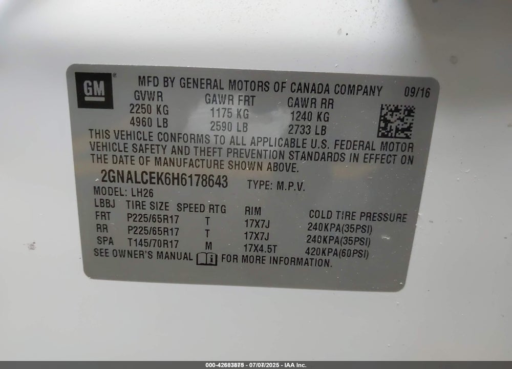 2017 CHEVROLET EQUINOX VIN: 2GNALCEK6H6178643