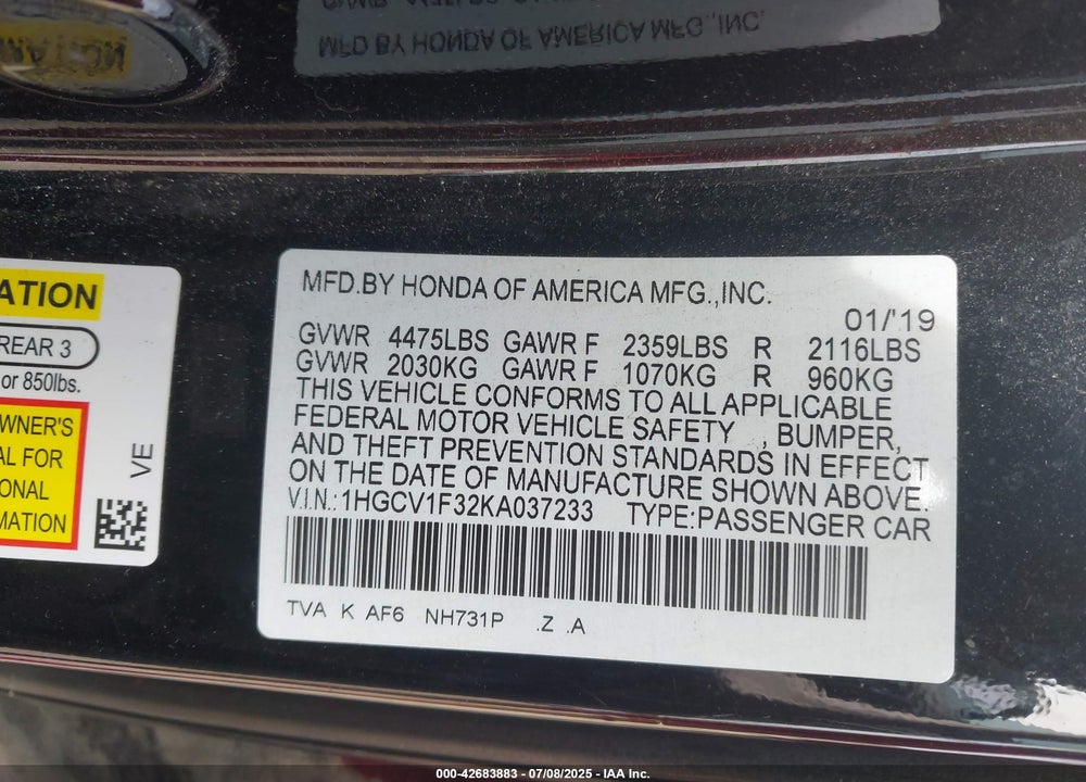 2019 HONDA ACCORD SPORT VIN: 1HGCV1F32KA037233