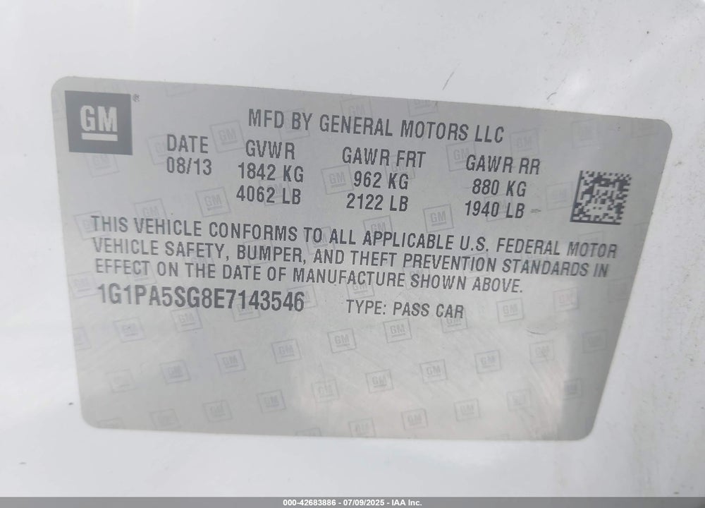 2014 CHEVROLET CRUZE VIN: 1G1PA5SG8E7143546