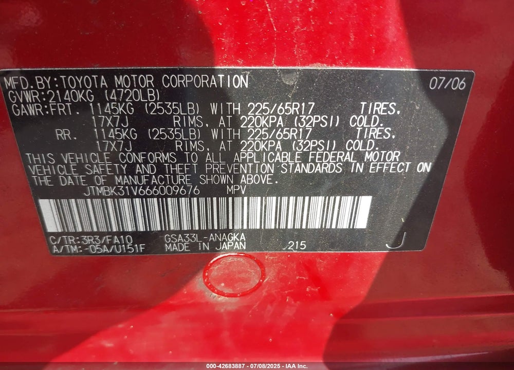 2006 TOYOTA RAV4 VIN: JTMBK31V666009676