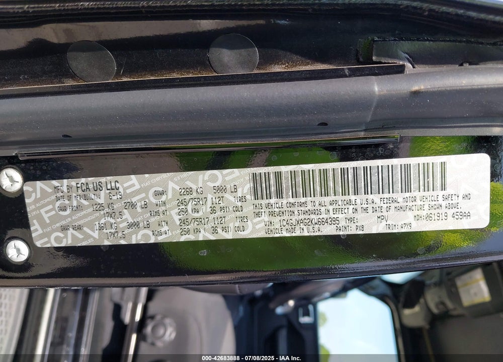 2019 JEEP WRANGLER / VIN: 1C4GJXAG2KW664395