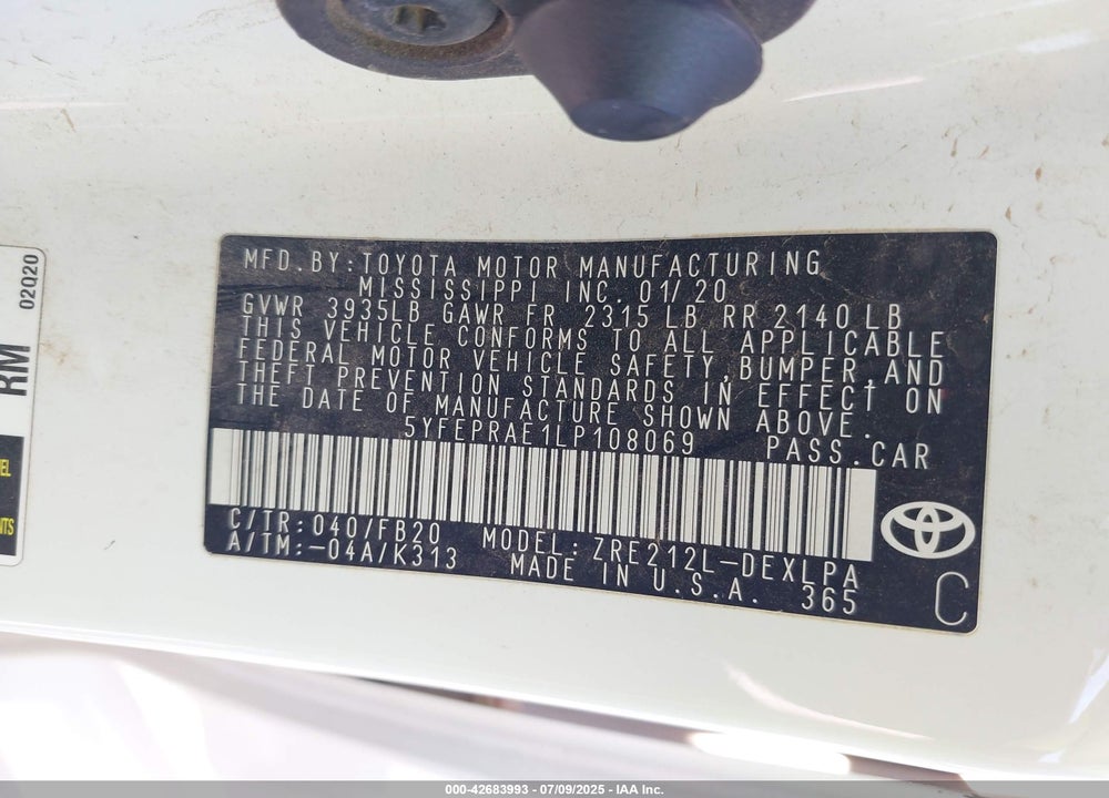 2020 TOYOTA COROLLA VIN: 5YFEPRAE1LP108069