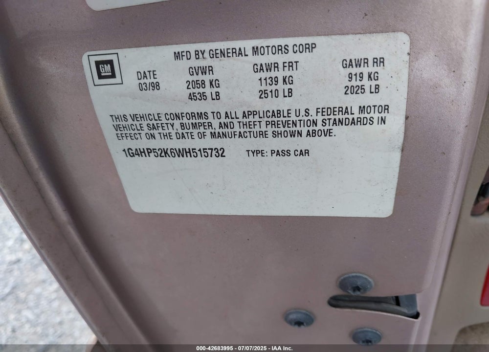 1998 BUICK LESABRE CUSTOM VIN: 1G4HP52K6WH515732