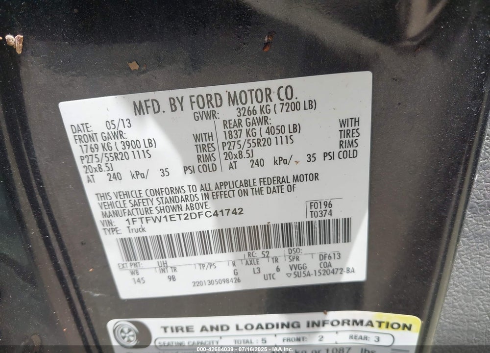 2013 FORD F-150 VIN: 1FTFW1ET2DFC41742