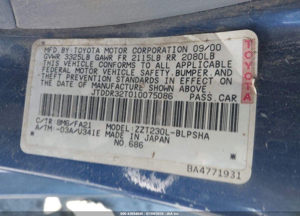 2001 TOYOTA CELICA GT VIN: JTDDR32T010075086