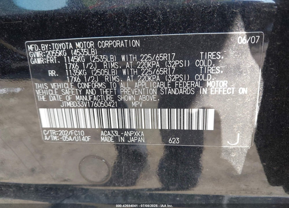 2007 TOYOTA RAV4 VIN: JTMBD33V176050421