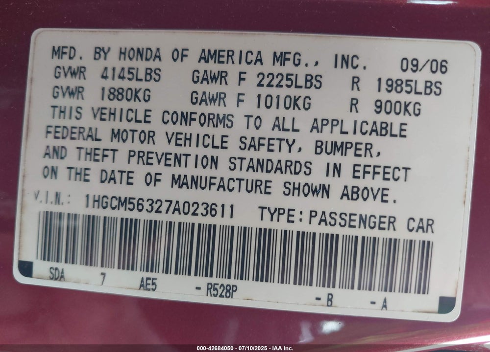 2007 HONDA ACCORD 2.4 SE VIN: 1HGCM56327A023611