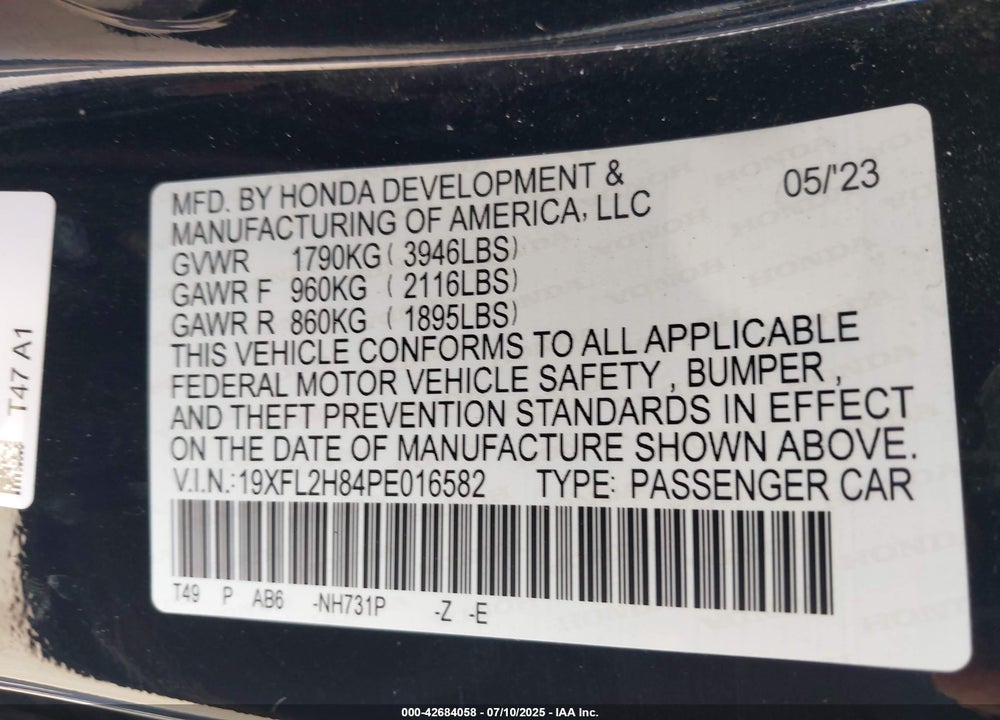 2023 HONDA CIVIC VIN: 19XFL2H84PE016582