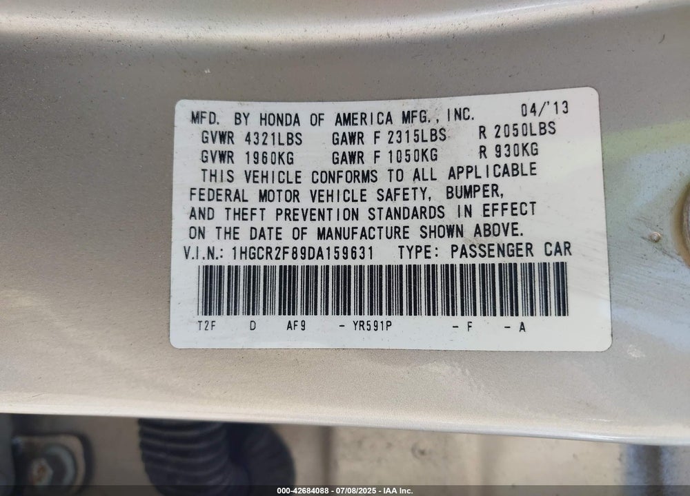 2013 HONDA ACCORD EX-L VIN: 1HGCR2F89DA159631