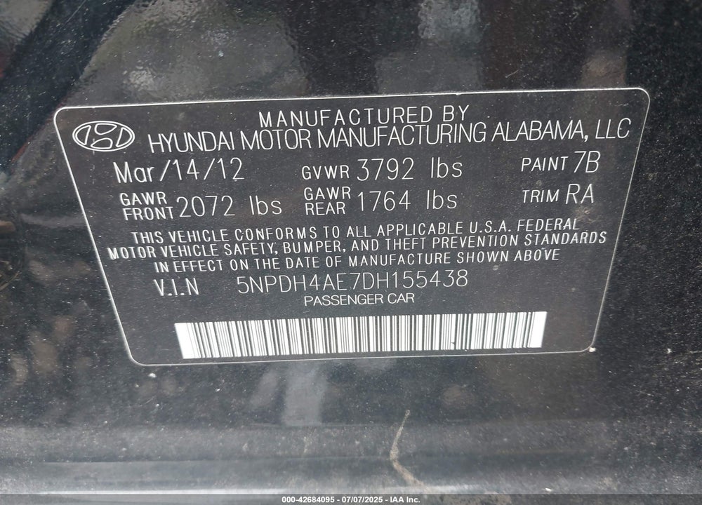 2013 HYUNDAI ELANTRA VIN: 5NPDH4AE7DH155438