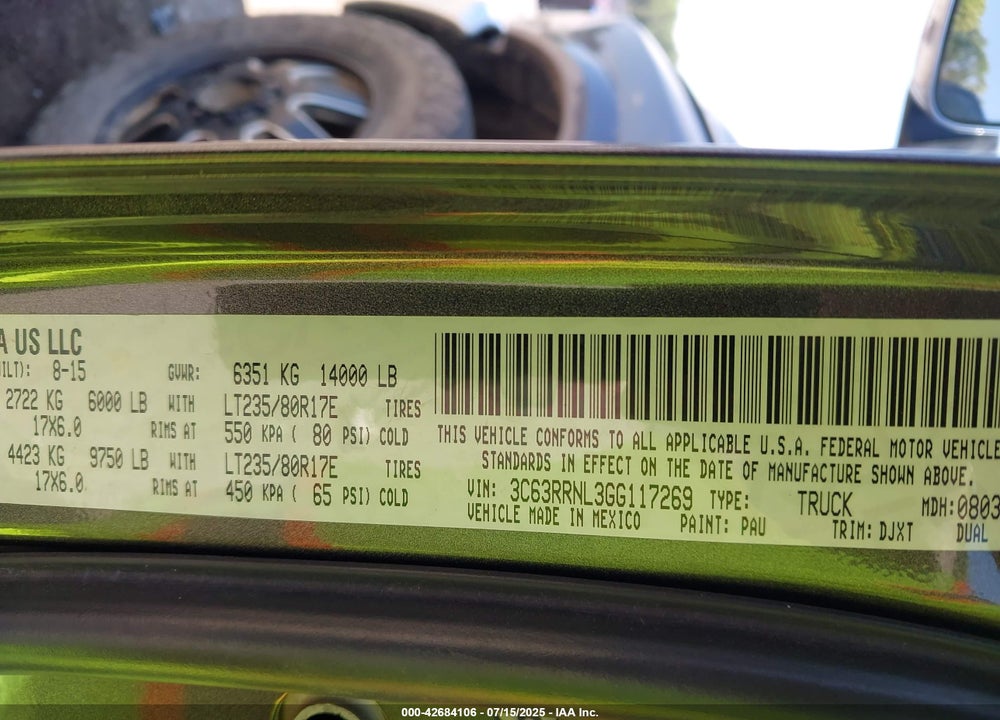 2016 RAM 3500 LONGHORN VIN: 3C63RRNL3GG117269