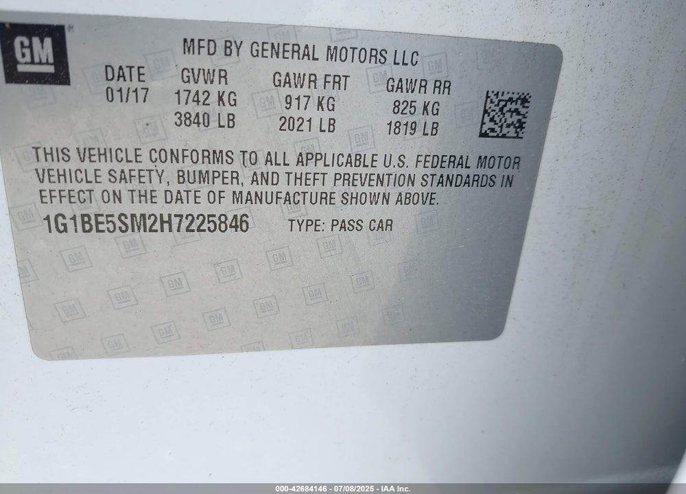 2017 CHEVROLET CRUZE LT AUTO VIN: 1G1BE5SM2H7225846