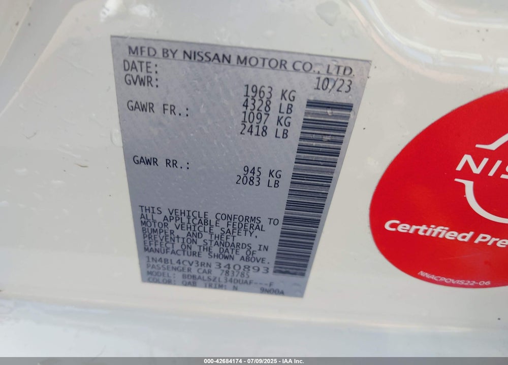 2024 NISSAN ALTIMA SR FWD VIN: 1N4BL4CV3RN340893