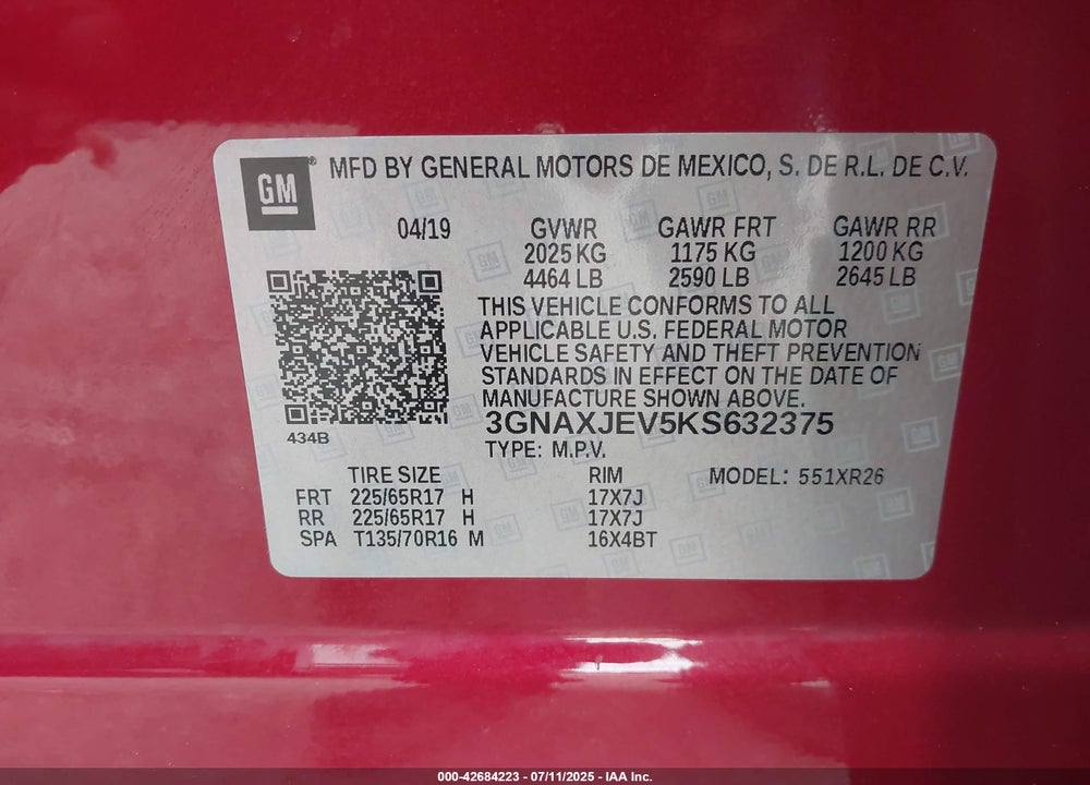 2019 CHEVROLET EQUINOX VIN: 3GNAXJEV5KS632375